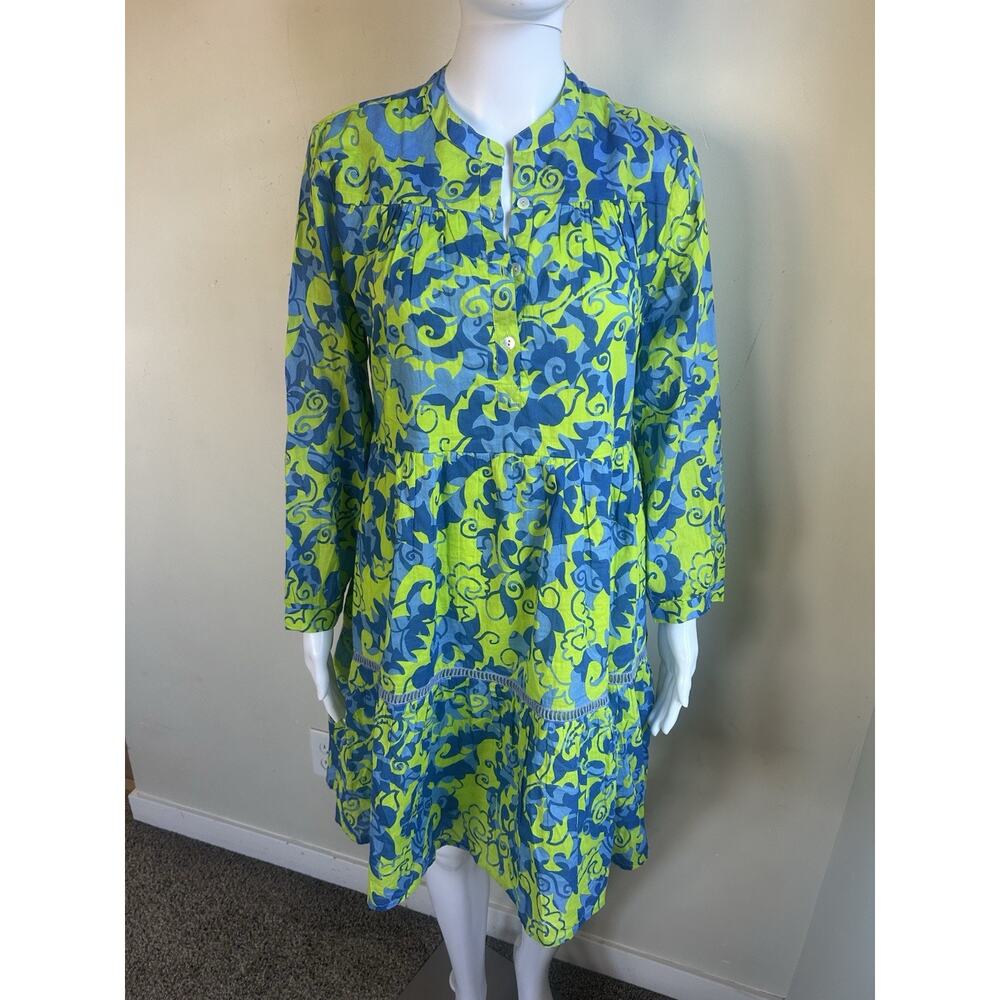 Ro’s Garden Floral Tiered Mini Dress Womens S Blue Green Boho Resort Button - Picture 14 of 14